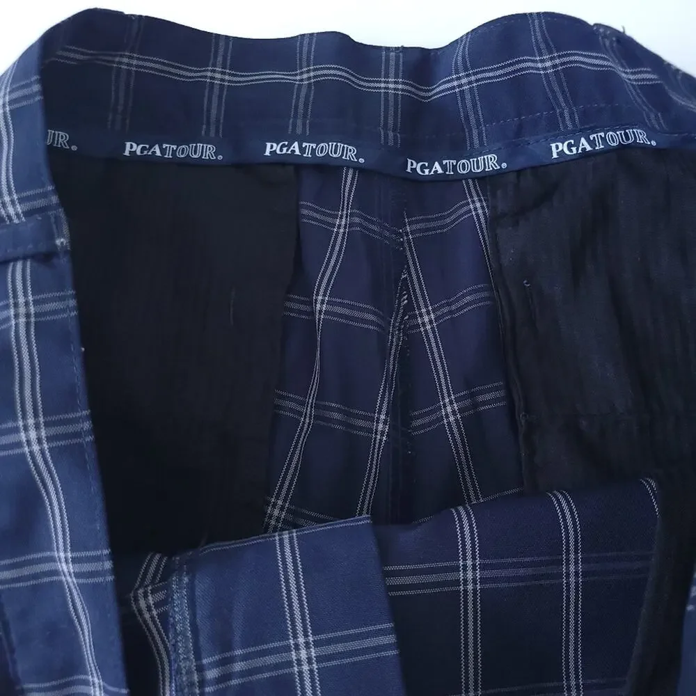 PGA Tour Golf Shorts Size 36 Blue White Plaid Flat Front Athletic Casual Shorts